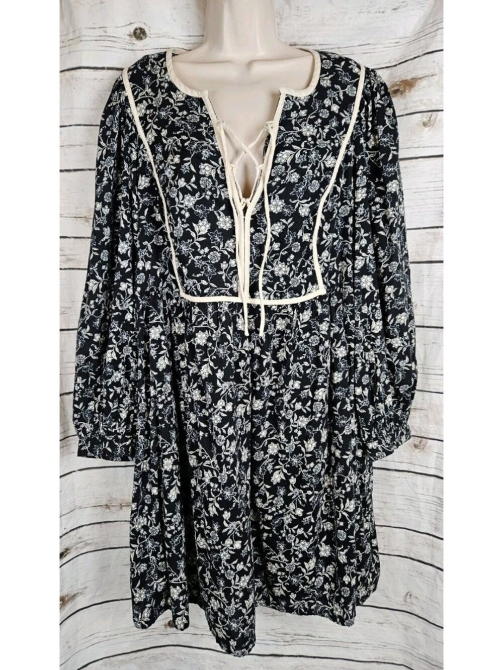 Old Navy Black Floral Peasant Dress XL NEW Laced Corset Long Sleeve Cotton